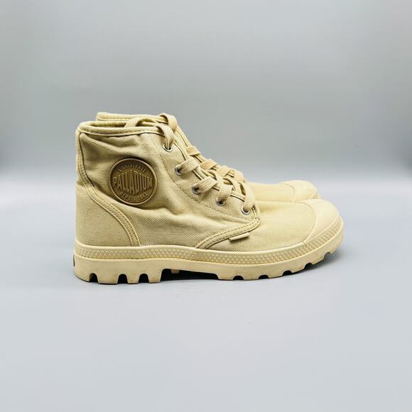 Palladium Boots Womens 8.5 Tan Beige Lace Up High Top Baggy Canvas Shoes - Picture 1 of 12